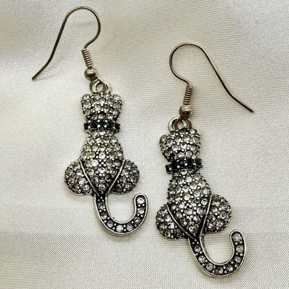 Silver Tone Rhinestone Crystal Kitty Cat Dangle Earrings Vintage Glam Coquette